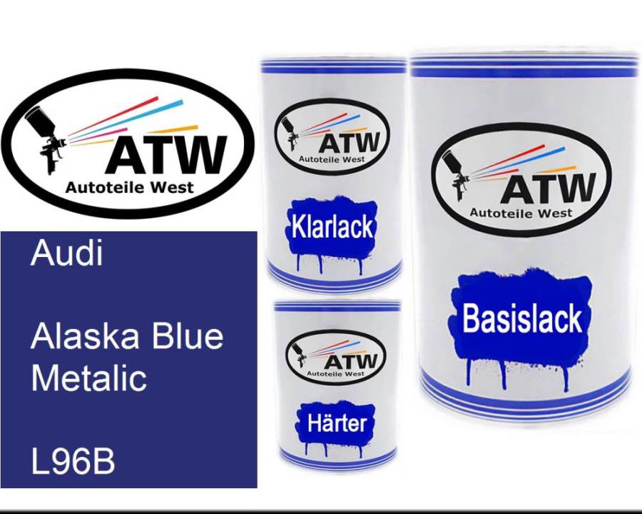 Audi, Alaska Blue Metalic, L96B: 500ml Lackdose + 500ml Klarlack + 250ml Härter - Set, von ATW Autoteile West.